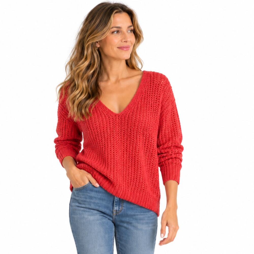 Banana Republic L 100% Italian Linen Sweater Coral Open Knit V Neck